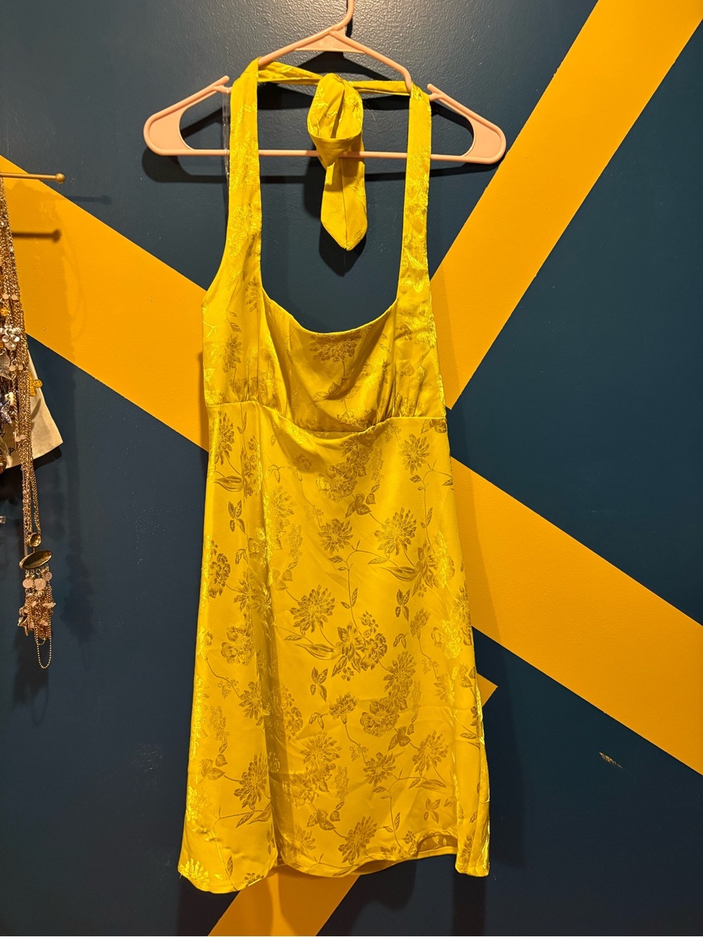 Wild Fable Lemon Yellow Floral Satin Halter Mini Dress NWOT